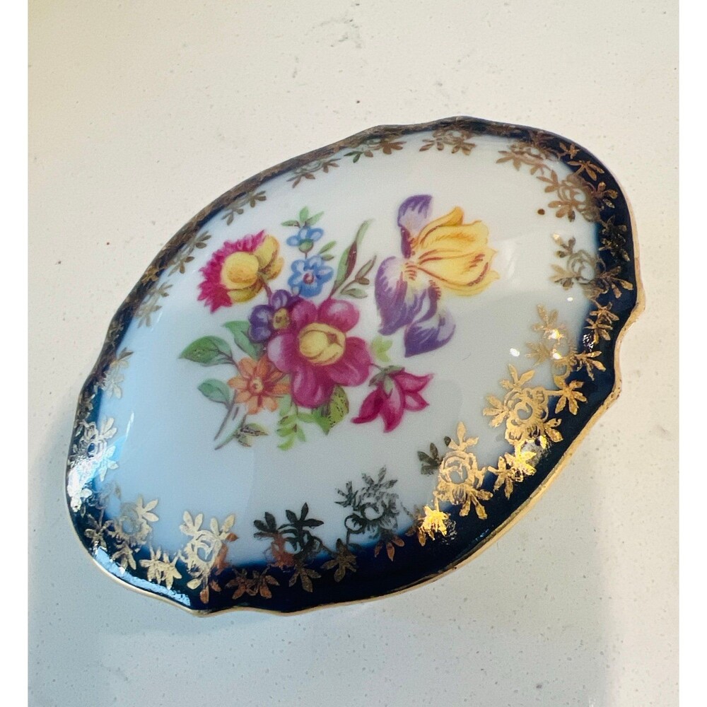 Vintage East Germany Porcelain Trinket Dish Cobalt Blue Gold Gilt Floral GDR